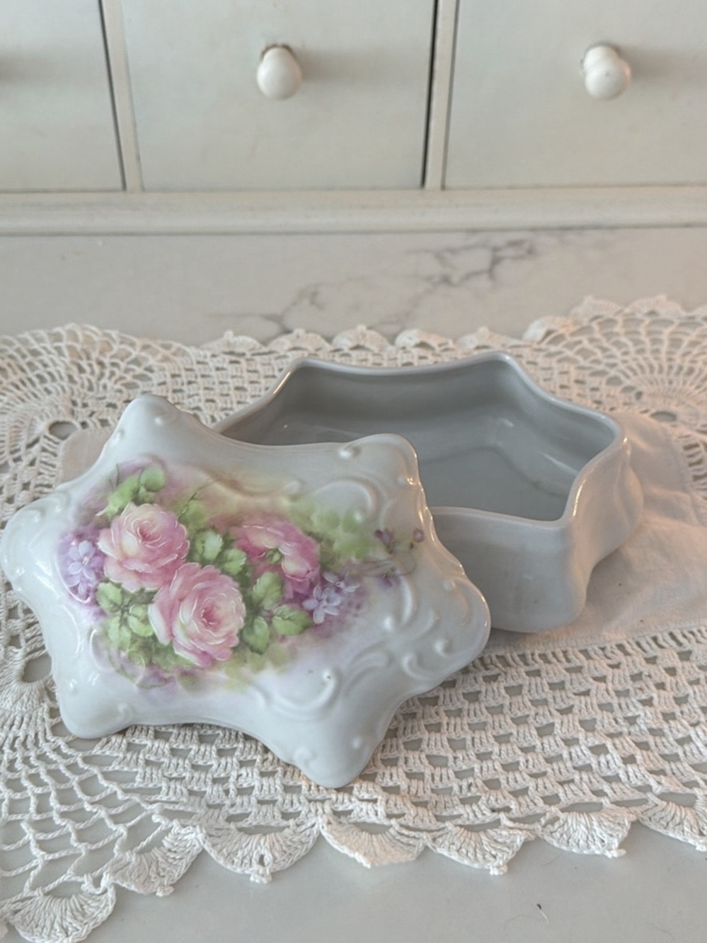 Vintage Porcelain Floral Trinket Box - Pink Rose Design